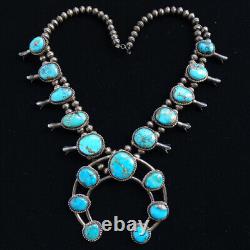 Vintage Navajo Squash Blossom Necklace Native American Turquoise Sterling Silver