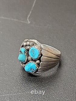 Vintage Navajo Sterling Silver 3 Turquoise Stone Ring Rare Design Large Ring