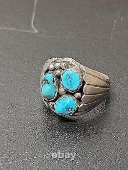 Vintage Navajo Sterling Silver 3 Turquoise Stone Ring Rare Design Large Ring