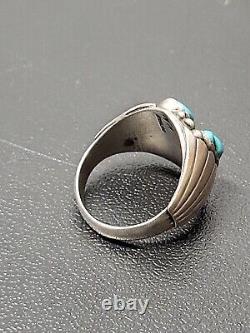 Vintage Navajo Sterling Silver 3 Turquoise Stone Ring Rare Design Large Ring