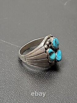 Vintage Navajo Sterling Silver 3 Turquoise Stone Ring Rare Design Large Ring