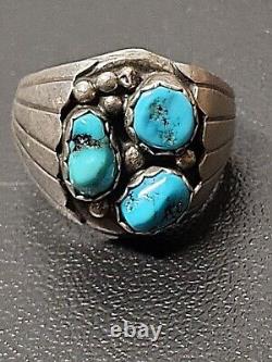 Vintage Navajo Sterling Silver 3 Turquoise Stone Ring Rare Design Large Ring