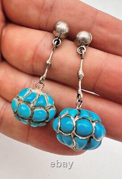 Vintage Navajo Sterling Silver Bench Bead Cobblestone Turquoise Dangle Earrings
