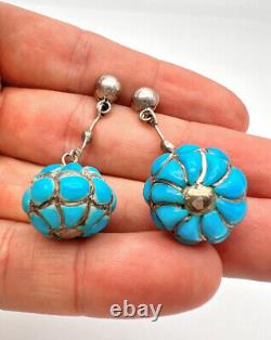 Vintage Navajo Sterling Silver Bench Bead Cobblestone Turquoise Dangle Earrings