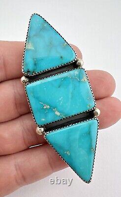 Vintage Navajo Sterling Silver Blue Gem Turquoise Pin Brooch Pendant 3 1/8