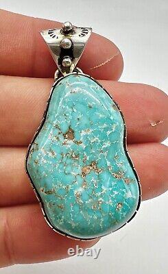 Vintage Navajo Sterling Silver CARICO LAKE Turquoise Stamped Pendant 1 7/8
