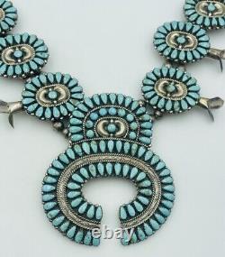 Vintage Navajo Sterling Silver Cluster Turquoise Large Squash Blossom Necklace
