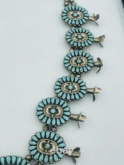 Vintage Navajo Sterling Silver Cluster Turquoise Large Squash Blossom Necklace
