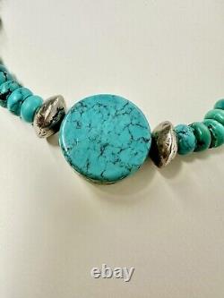 Vintage Navajo Sterling Silver Kingman Turquoise Heishi Bead Necklace