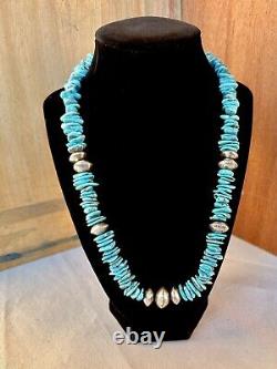 Vintage Navajo Sterling Silver Kingman Turquoise Nugget Bench Bead Necklace