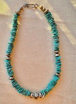 Vintage Navajo Sterling Silver Kingman Turquoise Nugget Bench Bead Necklace