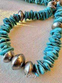 Vintage Navajo Sterling Silver Kingman Turquoise Nugget Bench Bead Necklace