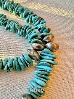 Vintage Navajo Sterling Silver Kingman Turquoise Nugget Bench Bead Necklace
