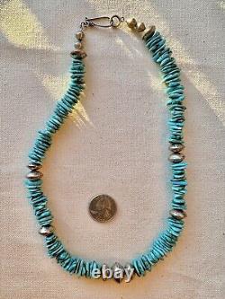 Vintage Navajo Sterling Silver Kingman Turquoise Nugget Bench Bead Necklace