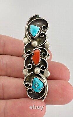 Vintage Navajo Sterling Silver Kingman Turquoise & Red Coral Long Ring 2.25