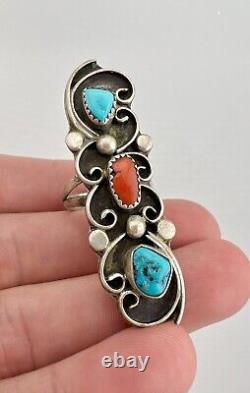 Vintage Navajo Sterling Silver Kingman Turquoise & Red Coral Long Ring 2.25