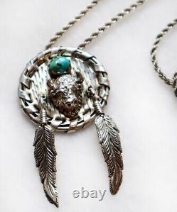 Vintage Navajo Sterling Silver Necklace Dreamcatcher Bison Feathers Turquoise