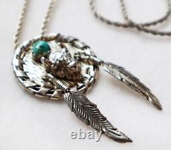 Vintage Navajo Sterling Silver Necklace Dreamcatcher Bison Feathers Turquoise