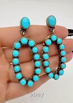 Vintage Navajo Sterling Silver Petit Point Turquoise Oval Dangle Earrings 2 3/8