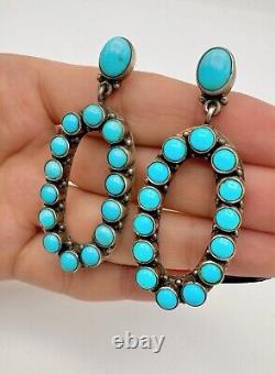 Vintage Navajo Sterling Silver Petit Point Turquoise Oval Dangle Earrings 2 3/8