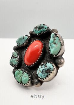 Vintage Navajo Sterling Silver Seafoam Turquoise & Coral Cluster Ring