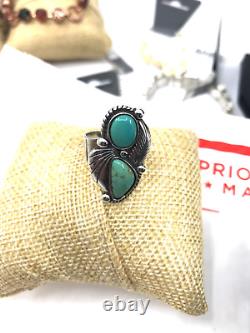 Vintage Navajo Sterling Silver Southwest Double Turquoise Stone Ring Size 7