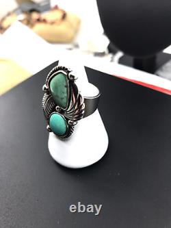 Vintage Navajo Sterling Silver Southwest Double Turquoise Stone Ring Size 7