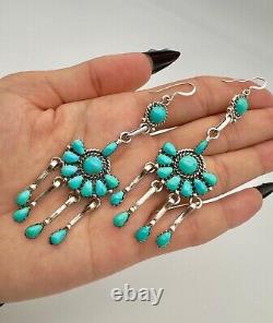 Vintage Navajo Sterling Silver Turquoise Cluster Chandelier Dangle Earrings 3.5