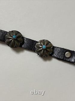 Vintage Navajo Sterling Silver Turquoise Concho Bracelet withLeather Band