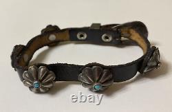 Vintage Navajo Sterling Silver Turquoise Concho Bracelet withLeather Band