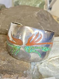 Vintage Navajo Sterling Silver Turquoise & Coral Inlay 7 Cuff Bracelet 82.9g