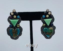 Vintage Navajo Sterling Silver Turquoise Heart & Multi Gem Earrings Signed EGK