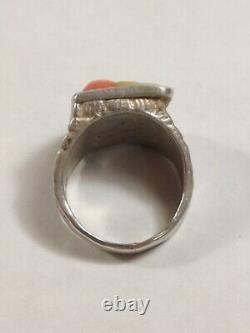 Vintage Navajo Sterling Silver Turquoise Mother Pearl Coral Chunky Ring Sz 10