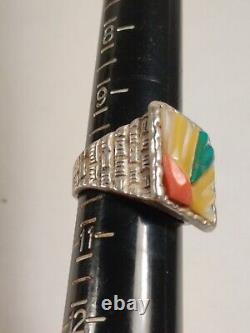 Vintage Navajo Sterling Silver Turquoise Mother Pearl Coral Chunky Ring Sz 10
