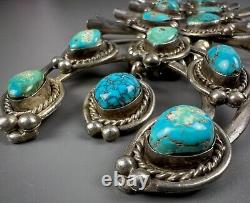 Vintage Navajo Sterling Silver Turquoise Squash Blossom Necklace THICK & HEAVY
