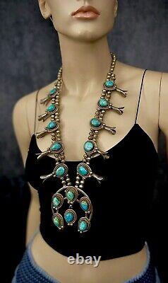 Vintage Navajo Sterling Silver Turquoise Squash Blossom Necklace THICK & HEAVY