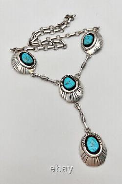 Vintage Navajo Sterling Silver Turquoise Stamped Shadowbox Collar Bib Necklace
