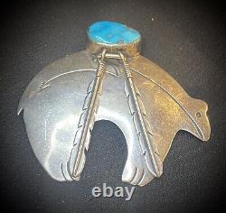 Vintage Navajo Sterling & Turquoise Bear Withfeathers Brooch Signed Wayne Etsitty