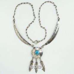 Vintage Navajo Sterling Turquoise Concho Pendant Necklace 3 Feather Dangle 20