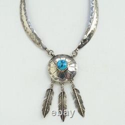 Vintage Navajo Sterling Turquoise Concho Pendant Necklace 3 Feather Dangle 20