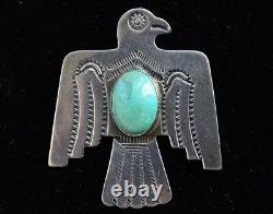 Vintage Navajo Thunderbird Pin Brooch with Oval Turquoise Stamp Decoration 1.75