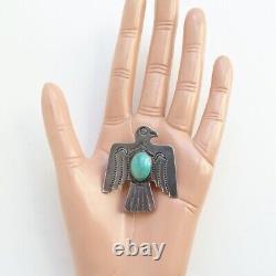 Vintage Navajo Thunderbird Pin Brooch with Oval Turquoise Stamp Decoration 1.75