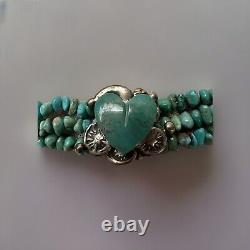 Vintage Navajo Turquoise Bracelet Triple Strand With Heart