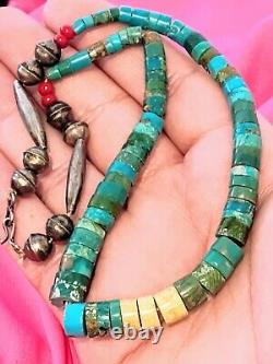 Vintage Navajo Turquoise Coral Bead Sterling Necklace Old