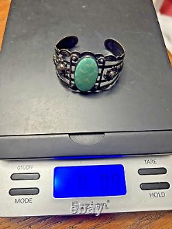 Vintage Navajo Turquoise Cuff Bracelet Coin Silver Eagle Stamp Work