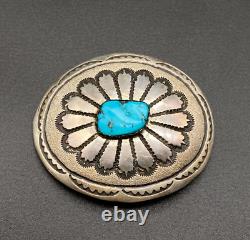 Vintage Navajo Turquoise Hand Stamped Sterling Silver Belt Buckle 1-1/8