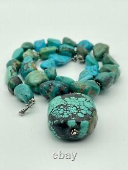 Vintage Navajo Turquoise Nugget Necklace Sterling Snake Clasp Signed BB