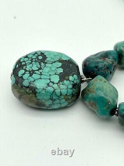 Vintage Navajo Turquoise Nugget Necklace Sterling Snake Clasp Signed BB