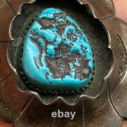 Vintage Navajo Turquoise Shadowbox Hand Stamped Silver Pendant
