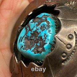 Vintage Navajo Turquoise Shadowbox Hand Stamped Silver Pendant
